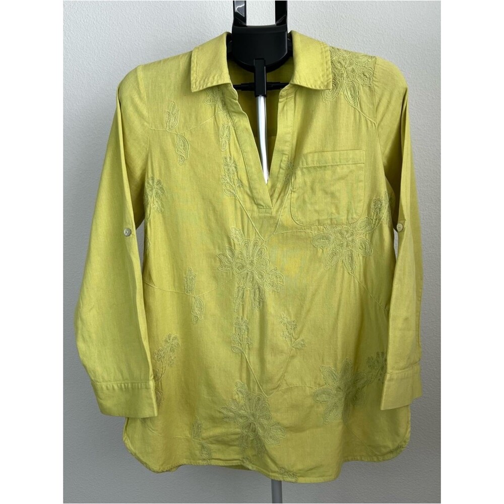 Soft Surroundings Lime Tunic Top Boho SZ S Linen Blend Embroidered Resortwear